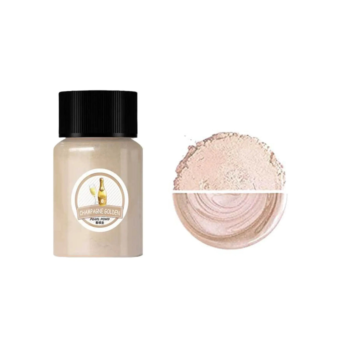 Champagne Golden mica pigment powder bottle beside matching powder and a pale pearlescent swatch.