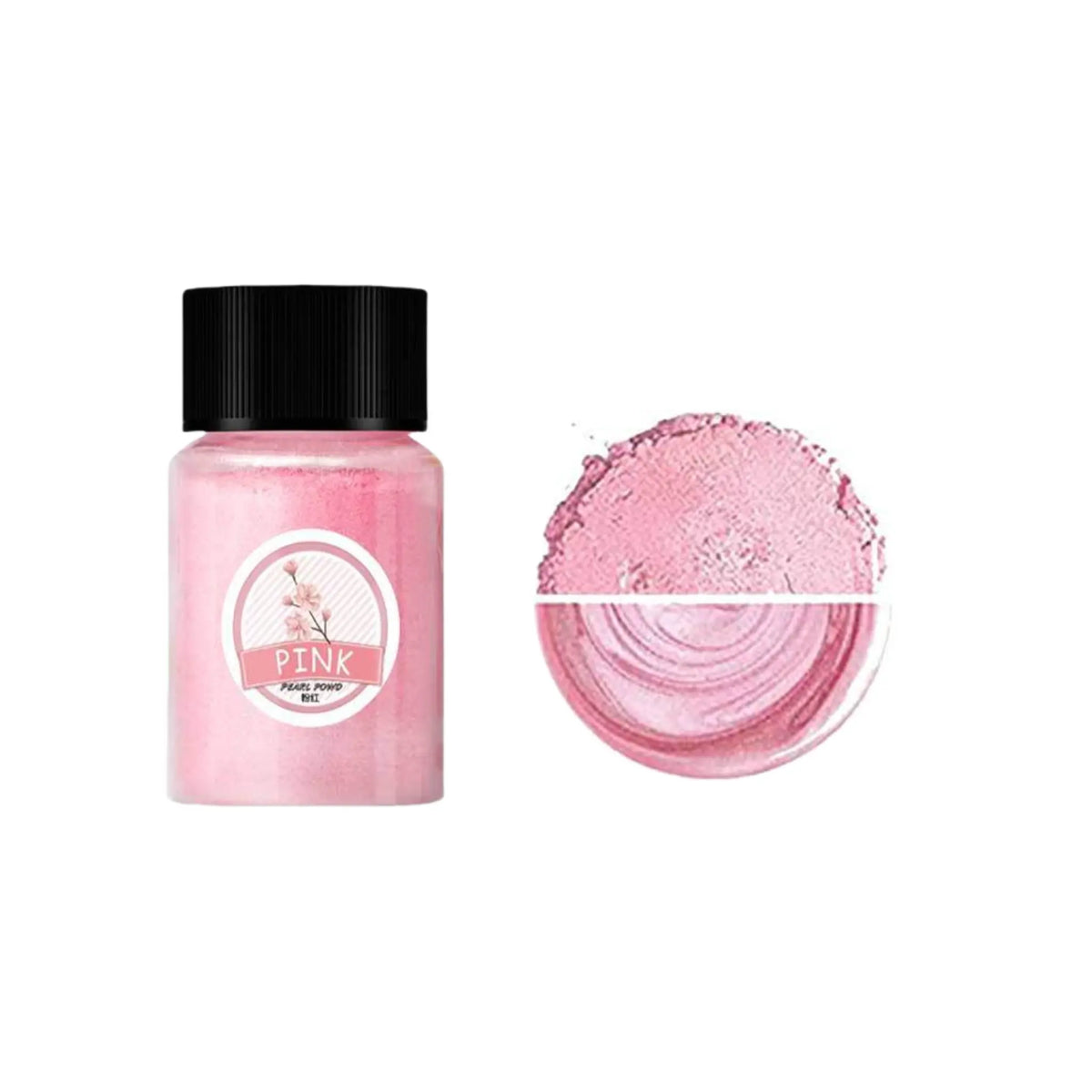 Pink mica pigment powder bottle beside matching powder and a pearlescent color swatch.