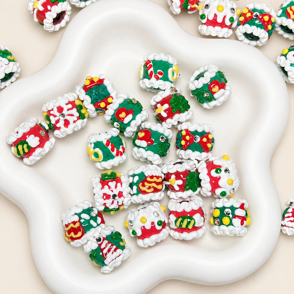 Christmas 3D hand-painted beads in a white sculptural tray, red green white holiday designs