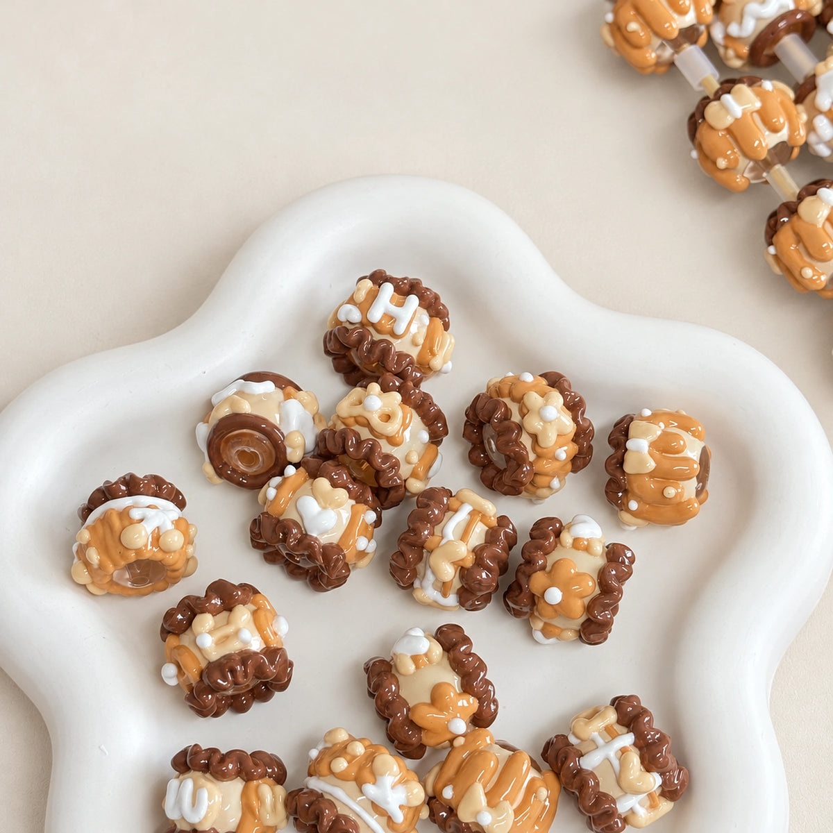 Warm coffee brown and caramel handmade raised 3D decorative beads threaded on beadable craft rods