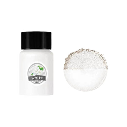 White mica pigment powder bottle beside matching powder and a pale pearlescent color swatch.